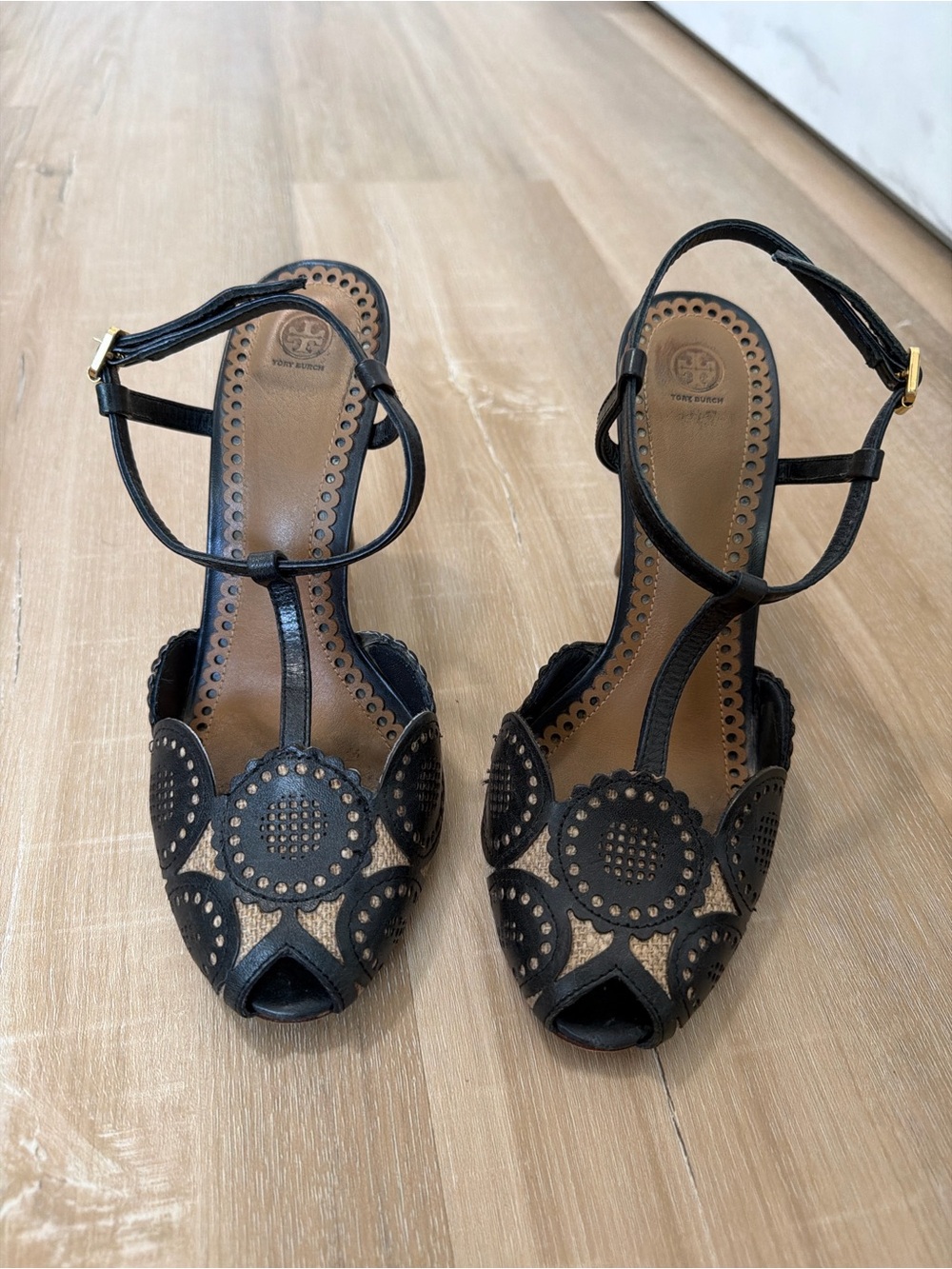 Tory Burch Black Leather Cutout T-Strap Peep-Toe Heels